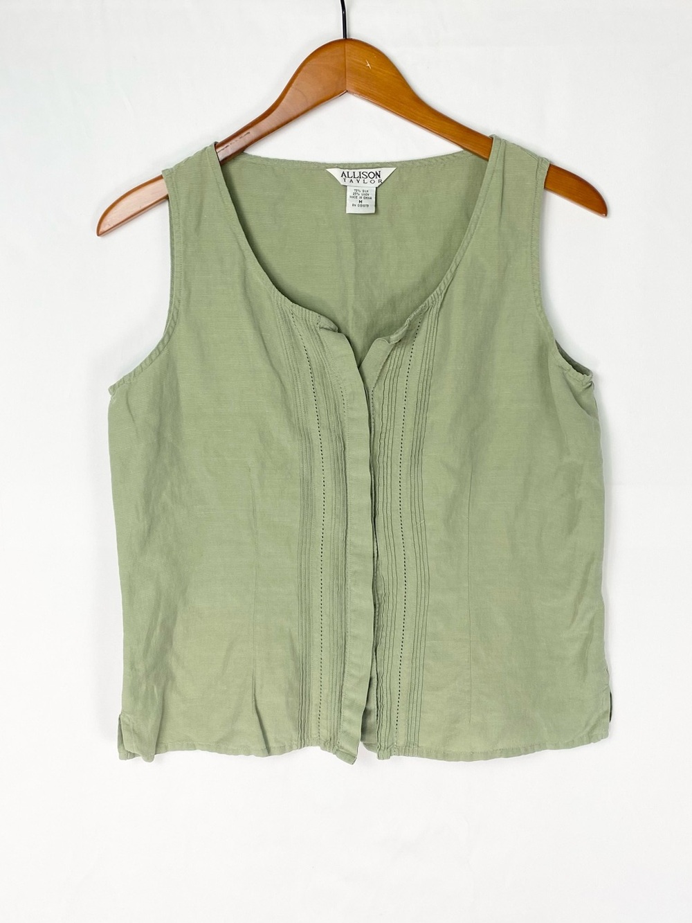 Vintage Allison Taylor Green Tank Top Button Up Sleeveless Silk Size Medium